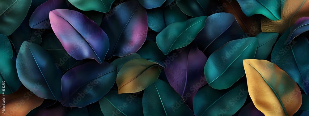 A seamless pattern with a digital illustration of banana leaves, their colors and shapes combining to form an abstract design A seamless pattern with a digital illustration of banana leaves, their colors and shapes combining to form an abstract design
