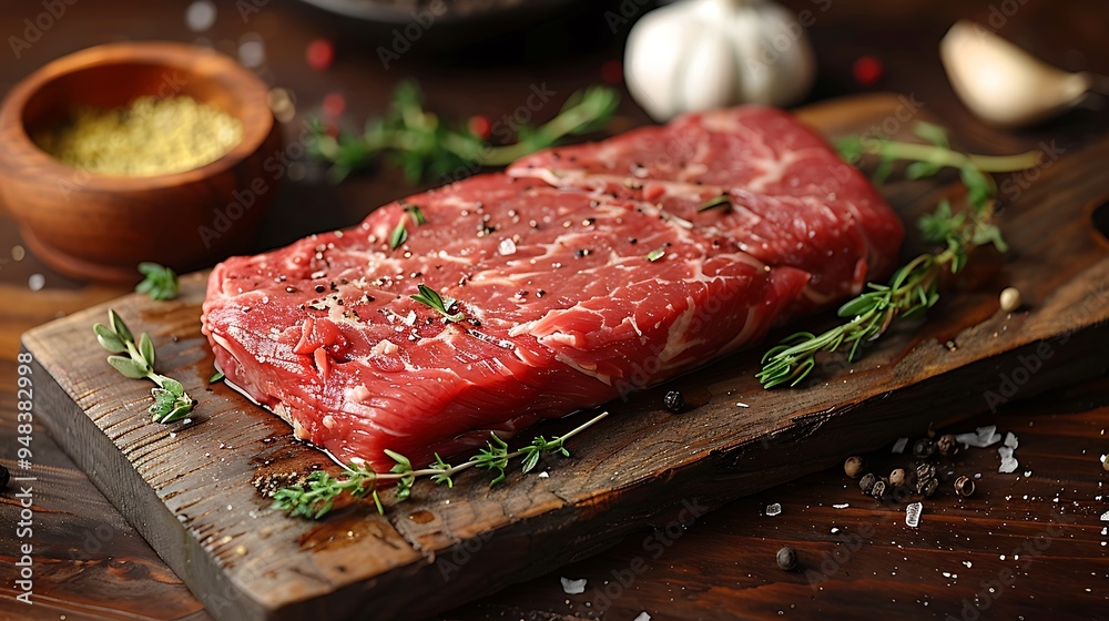A raw flat iron steak on a weathered wooden board, surrounded by fresh thyme sprigs, garlic cloves, and ground black pepper, soft natural light from the side, vibrant colors, rich textures, A raw flat iron steak on a weathered wooden board, surrounded by fresh thyme sprigs, garlic cloves, and ground black pepper, soft natural light from the side, vibrant colors, rich textures,