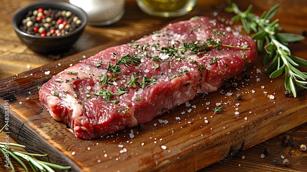 Obraz premium A raw flat iron steak on a wooden wooden board, a mix of herbs and sea salt scattered around, ground black pepper adding texture, soft diffused light from the side, warm tones, rustic kitchen setting.