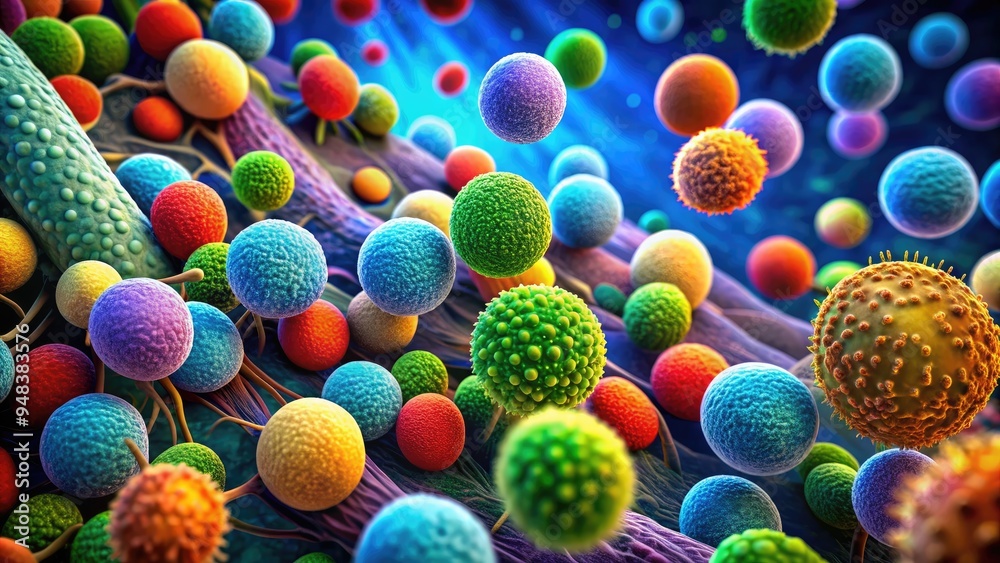 Fototapeta premium Colorful microscopic image of bacteria cells, rod-shaped and spherical, clustering together, with flagella visible, illustrating the complexity of microbiology and bacterial behavior.
