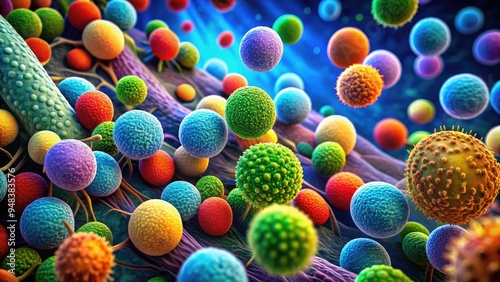 Colorful microscopic image of bacteria cells, rod-shaped and spherical, clustering together, with flagella visible, illustrating the complexity of microbiology and bacterial behavior. photo