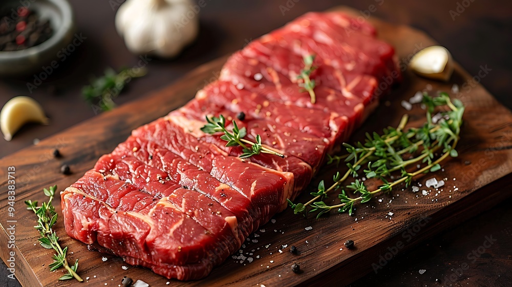 A raw flat iron steak on a wooden wooden board, garnished with fresh thyme, garlic cloves, and ground black pepper, warm golden hour light casting soft shadows, rich, warm tones, A raw flat iron steak on a wooden wooden board, garnished with fresh thyme, garlic cloves, and ground black pepper, warm golden hour light casting soft shadows, rich, warm tones,