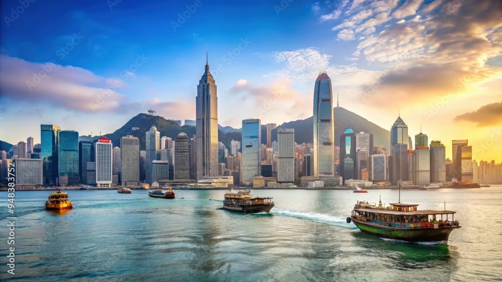Fototapeta premium Scenic view of Hong Kong harbour with skyline and boats