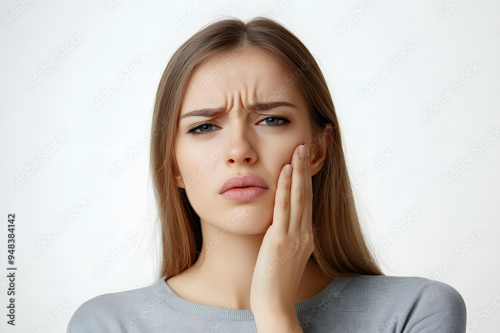 Closeup portrait of woman having toothache isolated on white background. Female suffering with a painful, hurting or inflammation in her mouth Closeup portrait of woman having toothache isolated on white background. Female suffering with a painful, hurting or inflammation in her mouth