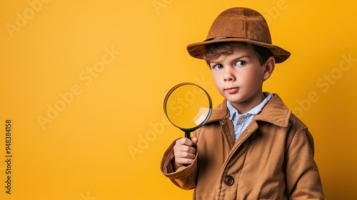 Kid wearing a detective hat, holding a magnifying glass and pretending to solve a mystery photo