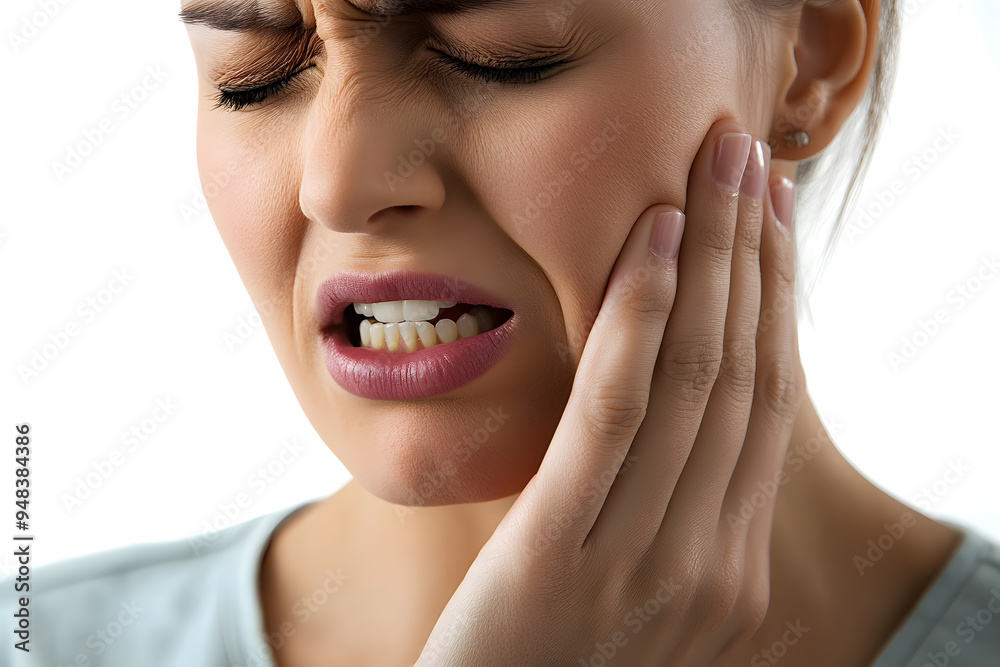 Fototapeta premium Closeup portrait of woman having toothache isolated on white background. Female suffering with a painful, hurting or inflammation in her mouth