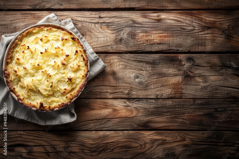 A freshly baked classic Shepherd's Pie with golden mashed potato topping, placed on a rustic wooden table.National English dish.Shepherd’s pie.Traditional British cuisine. A freshly baked classic Shepherd's Pie with golden mashed potato topping, placed on a rustic wooden table.National English dish.Shepherd’s pie.Traditional British cuisine.