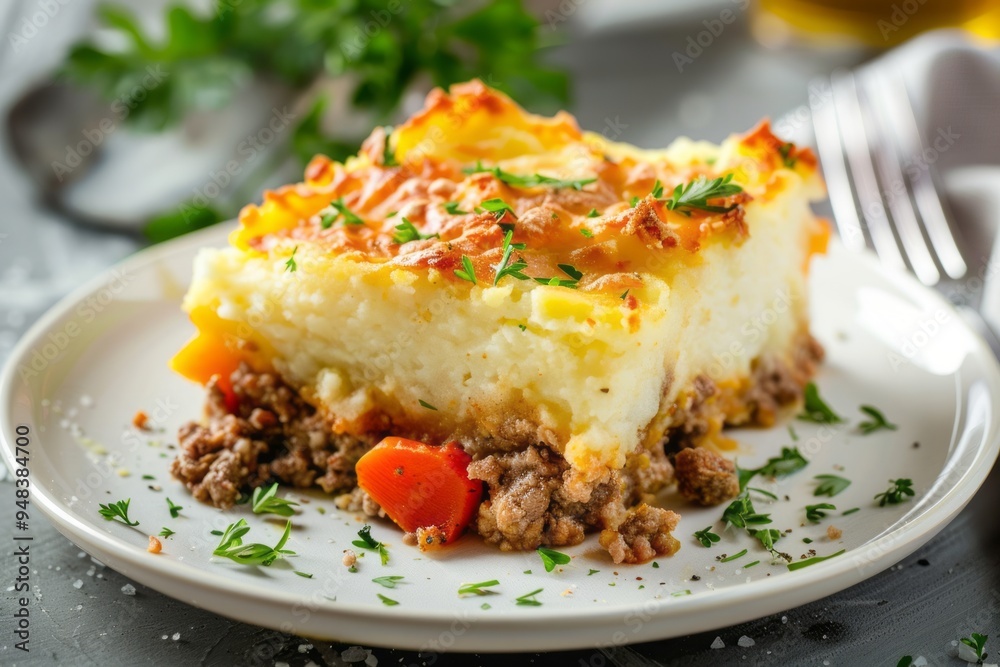 Traditional British cuisine.National English dish.Shepherd’s pie.A delicious slice of Shepherd's Pie showing layers of mashed potatoes and meat filling, styled on a clean white plate