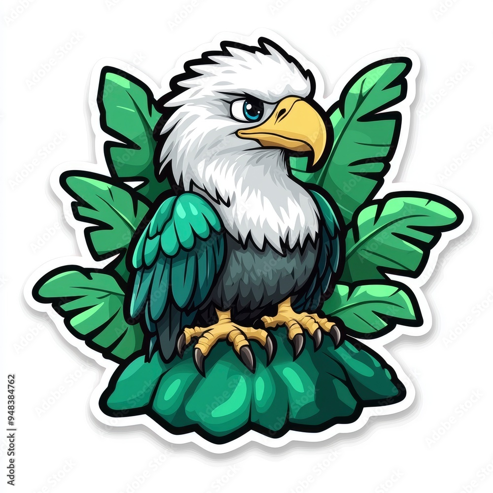 Fototapeta premium Cartoon Bald Eagle Perched On Rock With Tropical Plants