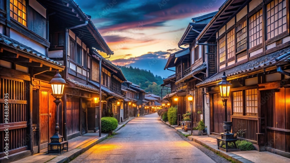 Twilight in old street of Takayama, Japan featuring traditional buildings and lanterns Twilight in old street of Takayama, Japan featuring traditional buildings and lanterns