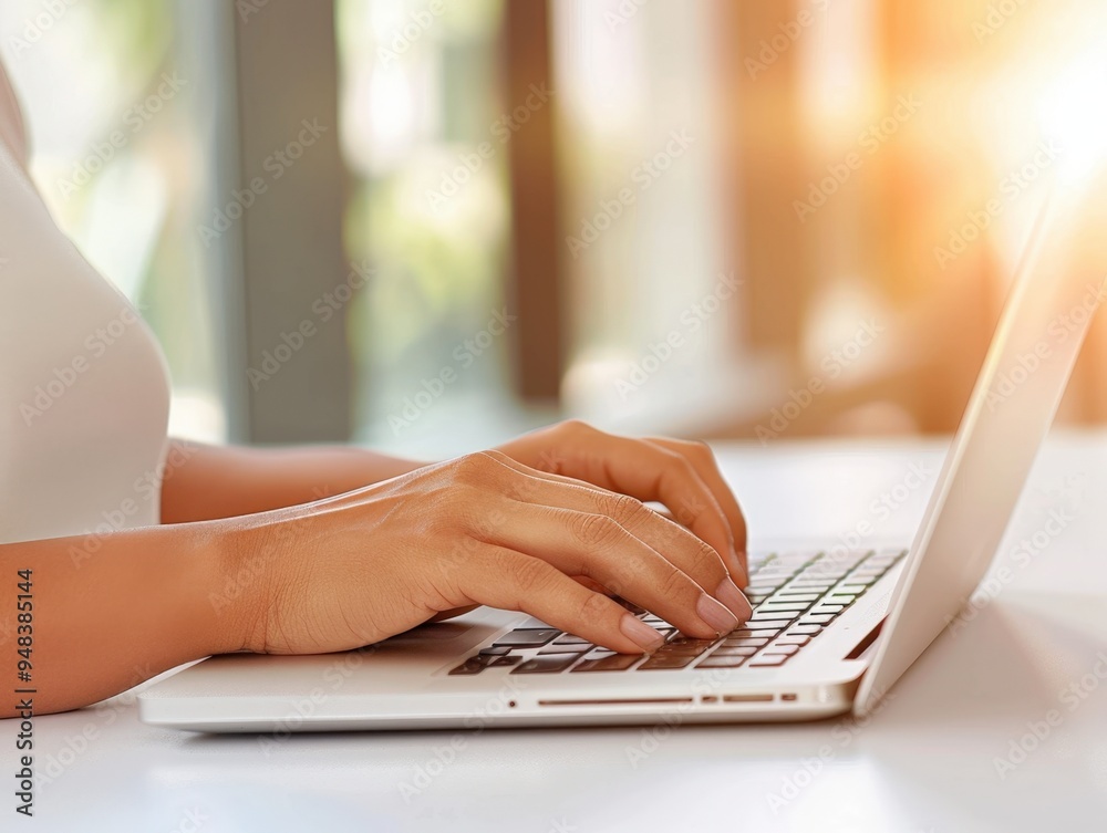 A person working on a laptop during a bright morning in a cozy indoor environment A person working on a laptop during a bright morning in a cozy indoor environment