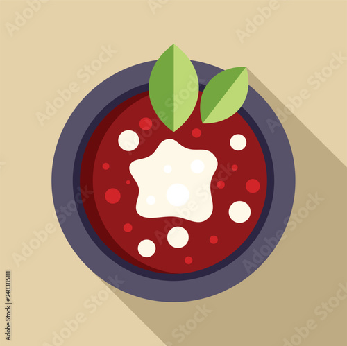 Delicious bowl of borscht, a vibrant beetroot soup, topped with sour cream and fresh bay leaves