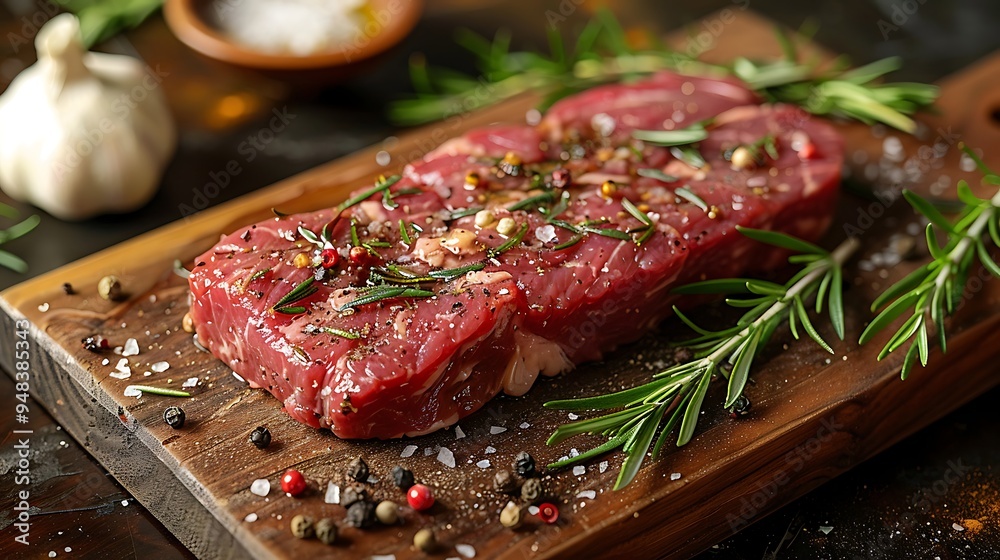 A raw hanger steak on a wooden wooden board, garnished with rosemary sprigs, black peppercorns, and crushed garlic, warm golden hour light casting soft shadows, rich, warm tones, A raw hanger steak on a wooden wooden board, garnished with rosemary sprigs, black peppercorns, and crushed garlic, warm golden hour light casting soft shadows, rich, warm tones,