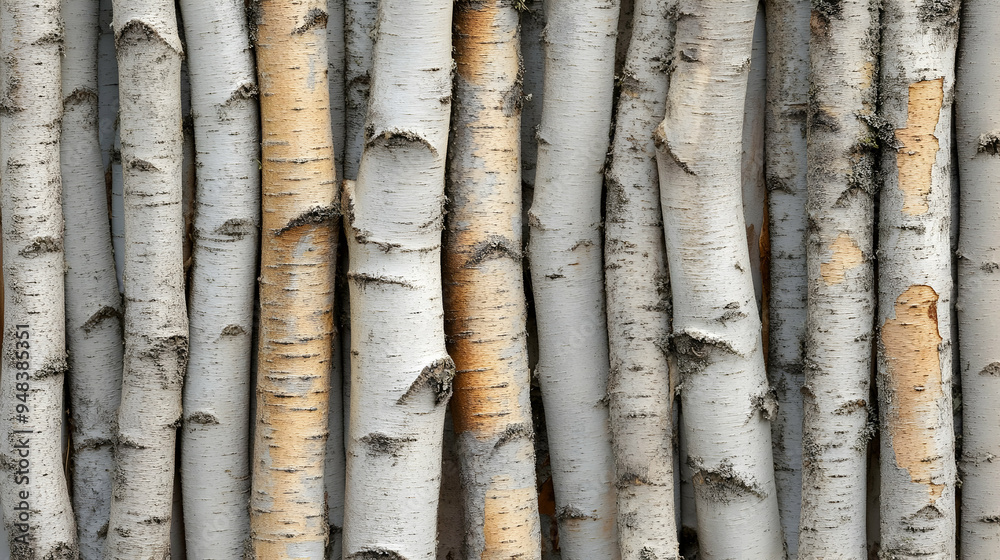 Close-up of a pile of white birch tree trunks with peeling bark. Close-up of a pile of white birch tree trunks with peeling bark.