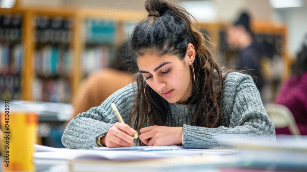 A student intently focused on writing notes, surrounded by textbooks and papers A student intently focused on writing notes, surrounded by textbooks and papers