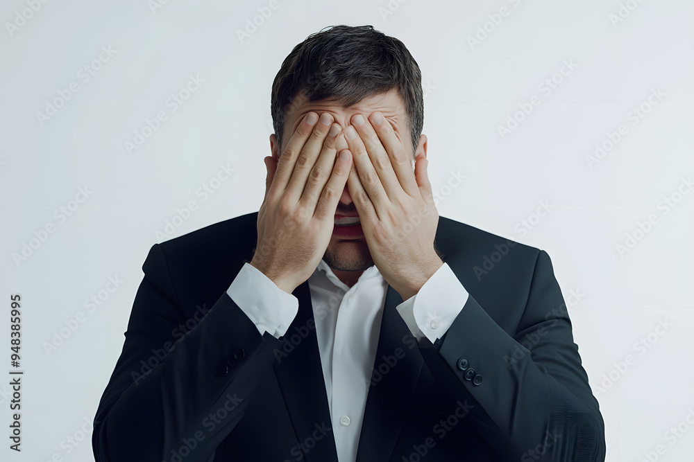 Portrait of overstressed business man covering face with his hands isolated. Emotion of stress or despair Portrait of overstressed business man covering face with his hands isolated. Emotion of stress or despair