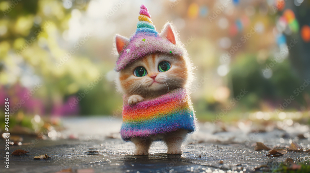 Adorable fluffy kitten in a unicorn-themed blanket and hat, standing on two legs in a Adorable fluffy kitten in a unicorn-themed blanket and hat, standing on two legs in a