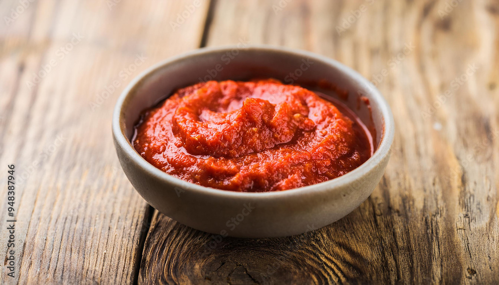 Bowl of romesco sauce or paste on wooden background. Food and spice concept. Bowl of romesco sauce or paste on wooden background. Food and spice concept.