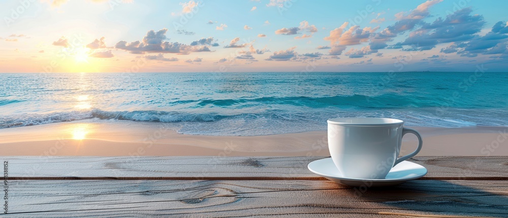 Serene beach sunrise with a cup of coffee on the sand, reflecting peacefulness and relaxation by the sea. Serene beach sunrise with a cup of coffee on the sand, reflecting peacefulness and relaxation by the sea.