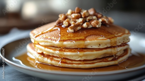 delicious twist on classic breakfast yogurt pancakes topped with maple syrup and mixed nuts try it