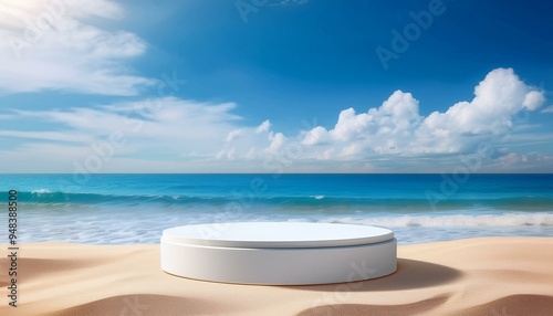 Cosmetic product display on a summer beach, featuring a 3D podium with a sea and sky background for marketing.