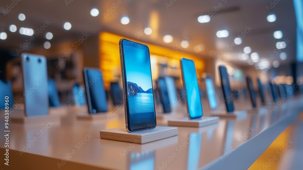 Modern smartphone shop displaying various new phones in a stylish setting Modern smartphone shop displaying various new phones in a stylish setting