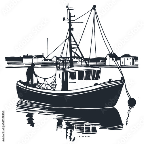 A vector illustration of a fishing boat in a traditional engraving style.
