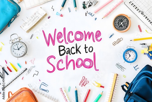 Trendy cartoon welcome back school background with school supplies and collage halftone hand holding a pencil