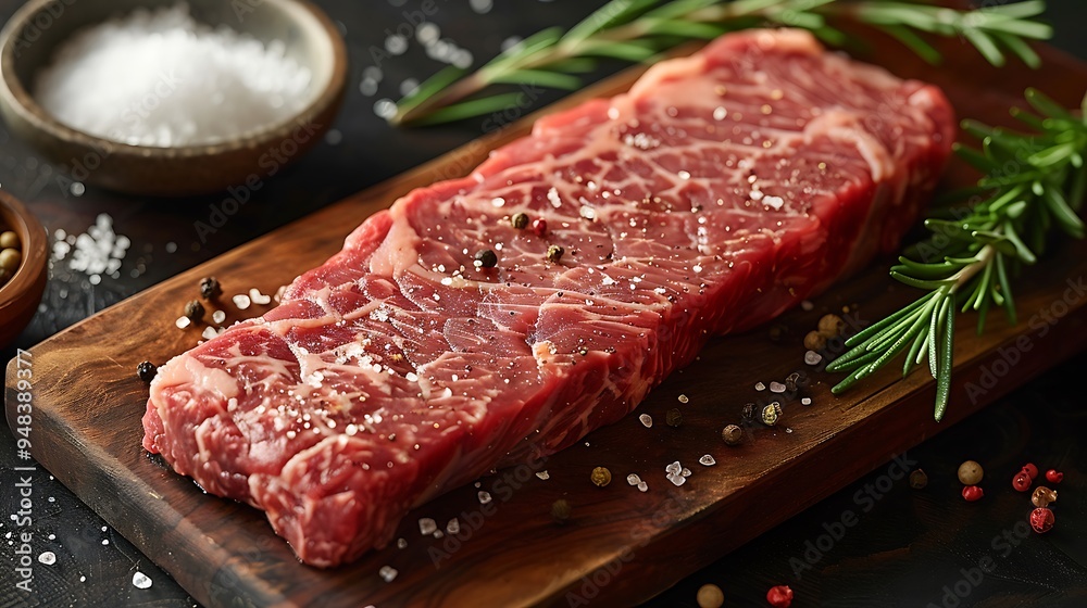 A raw New York strip steak with intricate marbling, placed on a weathered wooden board, surrounded by coarse salt, fresh rosemary sprigs, and peppercorns, natural light enhancing the textures, A raw New York strip steak with intricate marbling, placed on a weathered wooden board, surrounded by coarse salt, fresh rosemary sprigs, and peppercorns, natural light enhancing the textures,