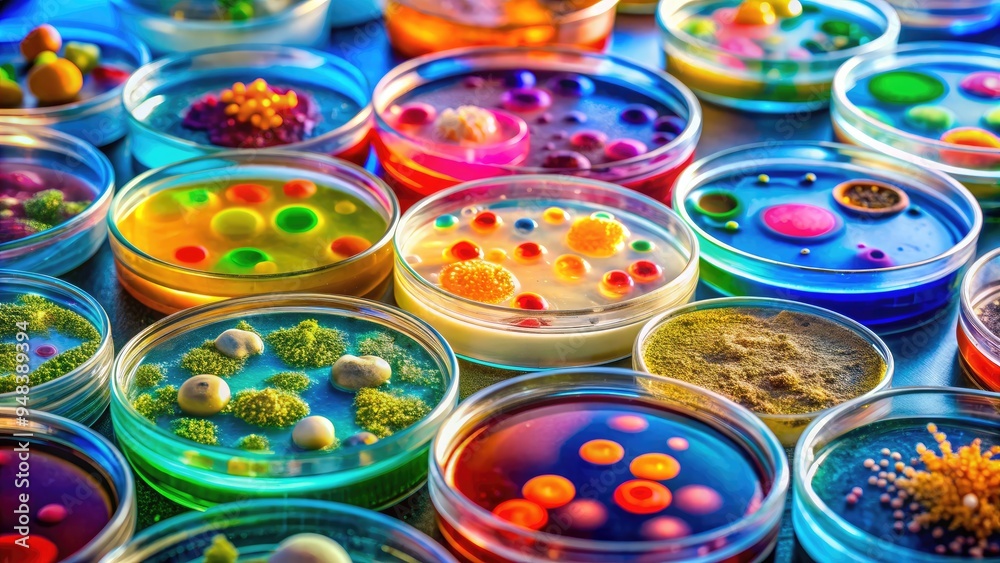 Colorful petri dish with vibrant microbial cultures, agar gel, and various bacterial colonies, showcasing microscopic life in a laboratory research setting. Colorful petri dish with vibrant microbial cultures, agar gel, and various bacterial colonies, showcasing microscopic life in a laboratory research setting.