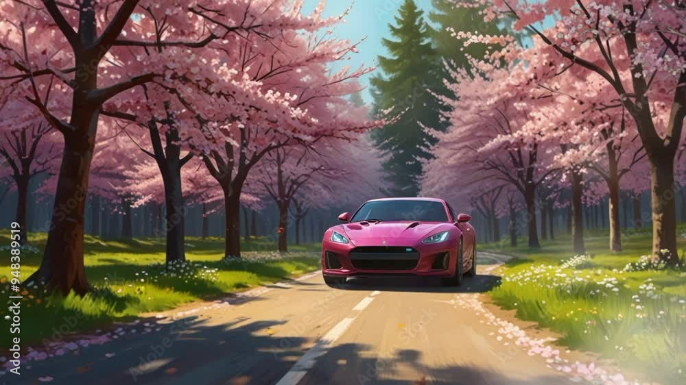 a sports car on a forest road. Seamless looping 4k video animation a sports car on a forest road. Seamless looping 4k video animation