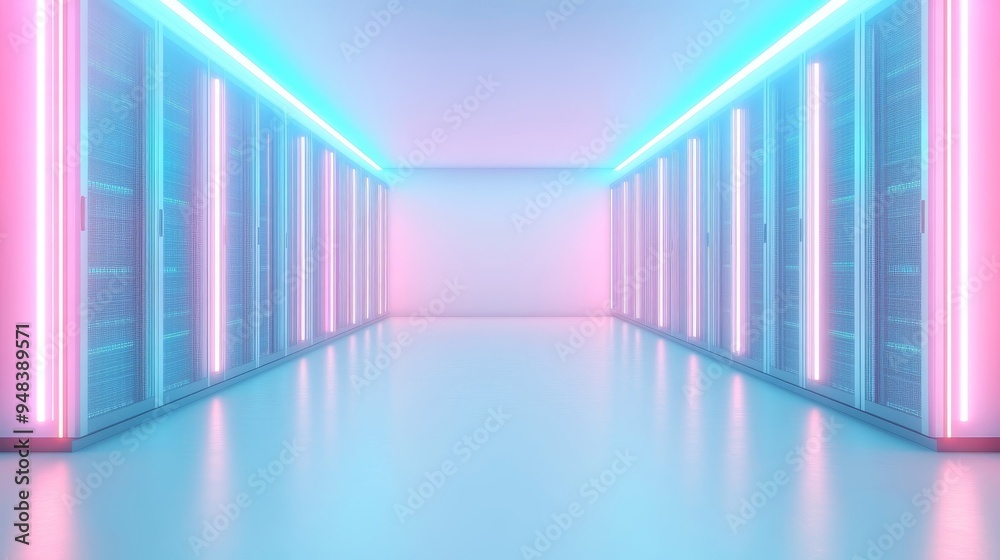 Futuristic data center room with neon blue and pink lights