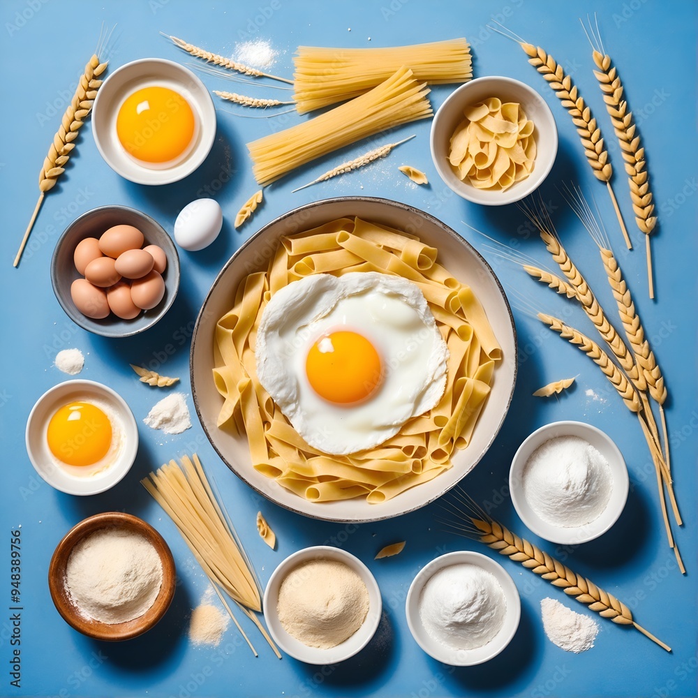 Making pasta with flour and eggs, ingredients on table. Cooking concept. Flat lay, top view. Making pasta with flour and eggs, ingredients on table. Cooking concept. Flat lay, top view.