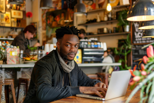 African American man working on a laptop in a cozy cafe setting