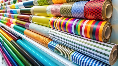 Colorful rolls of vinyl sheets in various textures and patterns stacked horizontally on a shelf, against a clean white background with a slight gradient. photo