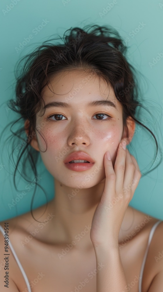 Graceful Asian Woman with Confident Gaze in Teal Background, Natural Light Portraiture Graceful Asian Woman with Confident Gaze in Teal Background, Natural Light Portraiture