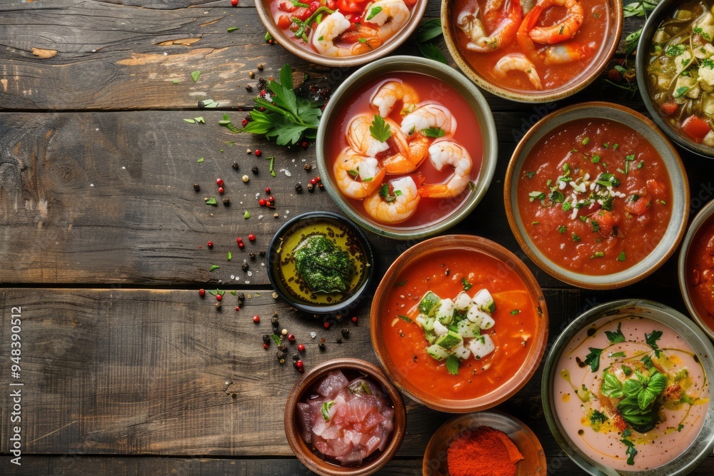 An array of seafood gazpacho bowls with different seafood garnishes, set on a rustic wooden table, with ample copy space.Gazpacho.Seafood gazpacho soup.Traditional Spanish soup. An array of seafood gazpacho bowls with different seafood garnishes, set on a rustic wooden table, with ample copy space.Gazpacho.Seafood gazpacho soup.Traditional Spanish soup.