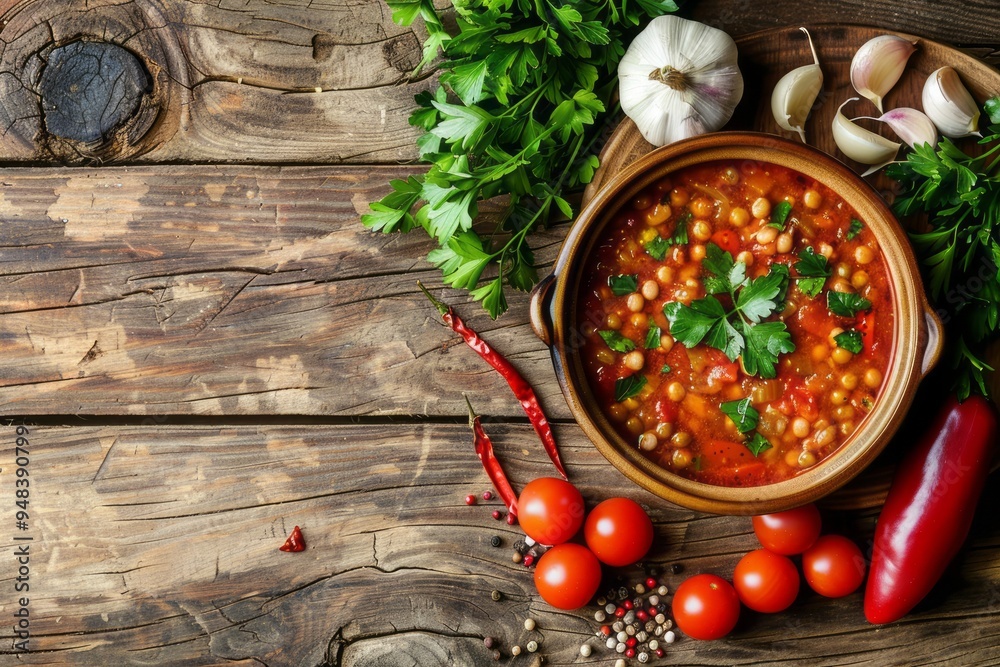 Zarzuela stew surrounded by fresh ingredients like tomatoes, garlic, and parsley on a wooden table, with ample copy space.Zarzuela.Spanish seafood dish.Spanish seafood stew. Zarzuela stew surrounded by fresh ingredients like tomatoes, garlic, and parsley on a wooden table, with ample copy space.Zarzuela.Spanish seafood dish.Spanish seafood stew.