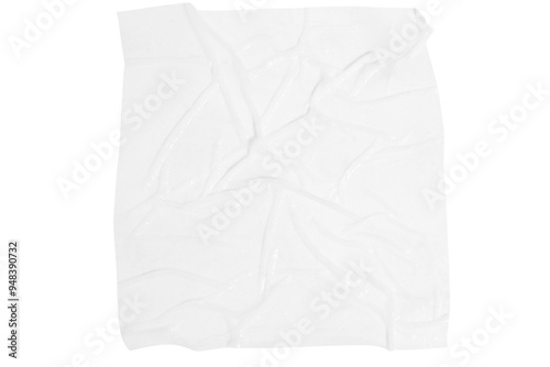 Wet crumpled white paper with folds on a blank background.