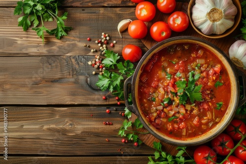 Zarzuela.Spanish seafood dish.Spanish seafood stew.Zarzuela stew surrounded by fresh ingredients like tomatoes, garlic, and parsley on a wooden table, with ample copy space