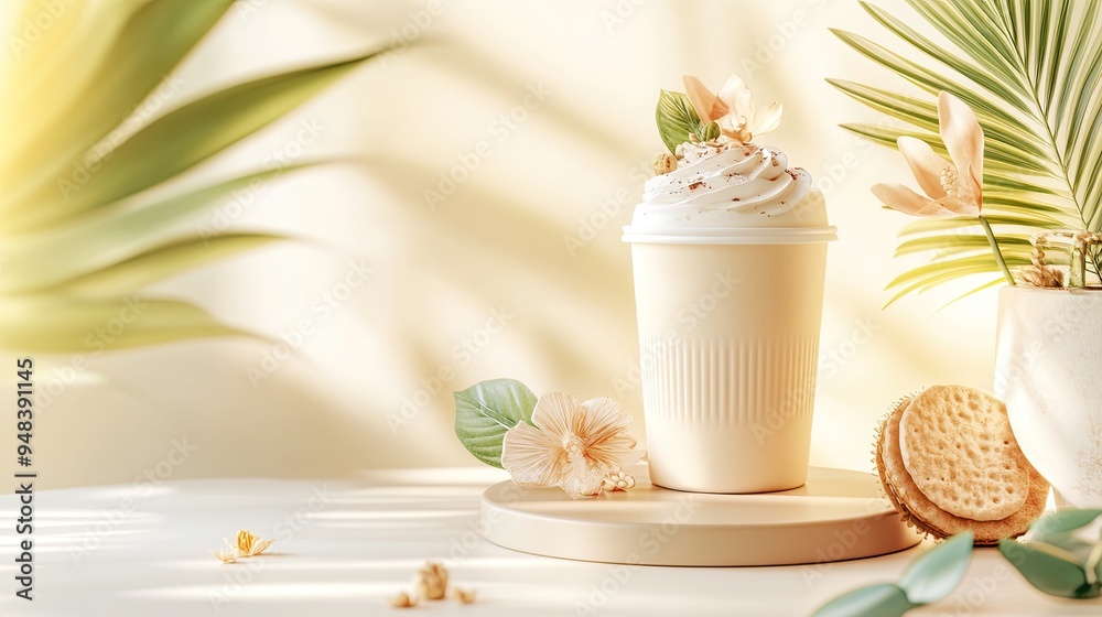 Generate a photo of a blank labeled iced coffee cup mockup on a podium against a soft yellow background. Generate a photo of a blank labeled iced coffee cup mockup on a podium against a soft yellow background.