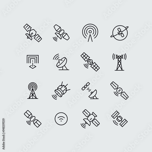 Orbit Satellite Communication Dish Vector Line Icons 
