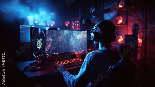 Gamer in his element, immersed in the digital world.
