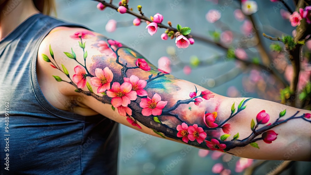 Colorful tattoo of a blooming cherry blossom branch wraps around a ...