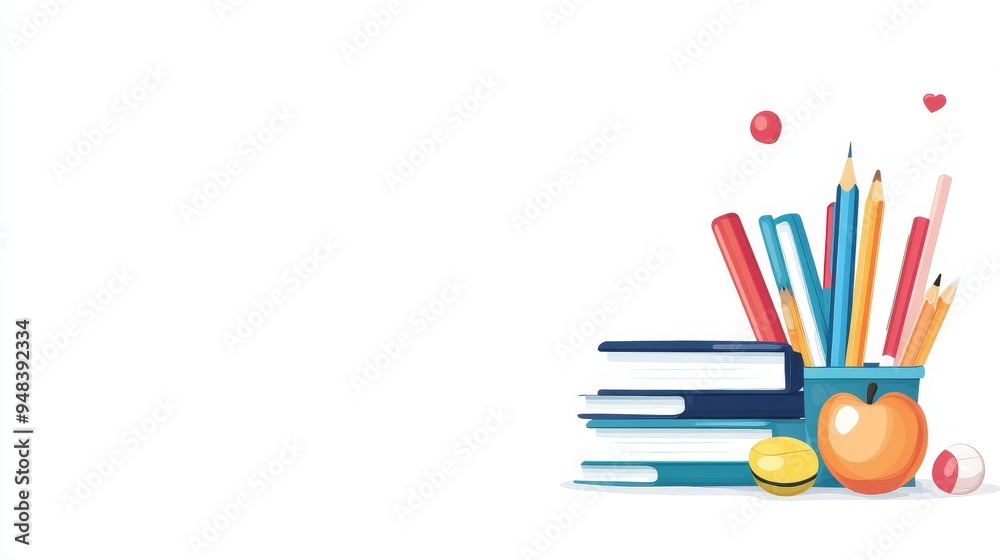 Fototapeta premium Colorful education banner with books and school supplies illustration
