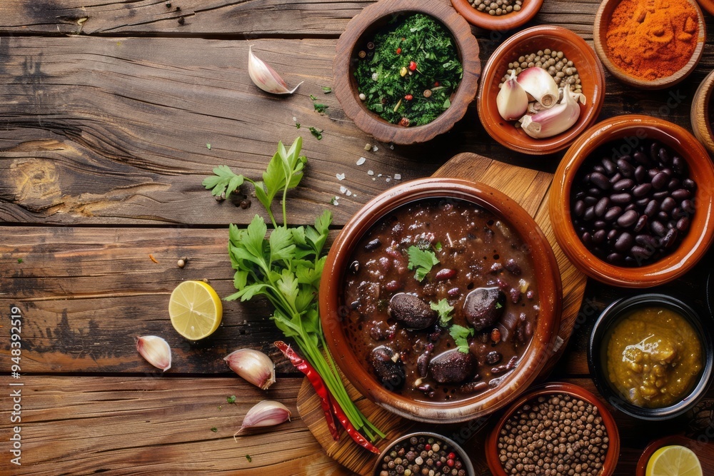 Feijoada surrounded by fresh ingredients like black beans, garlic, and spices on a wooden table, with ample copy space.Brazilian cuisine.Traditional Brazilian stew.Feijoada. Feijoada surrounded by fresh ingredients like black beans, garlic, and spices on a wooden table, with ample copy space.Brazilian cuisine.Traditional Brazilian stew.Feijoada.