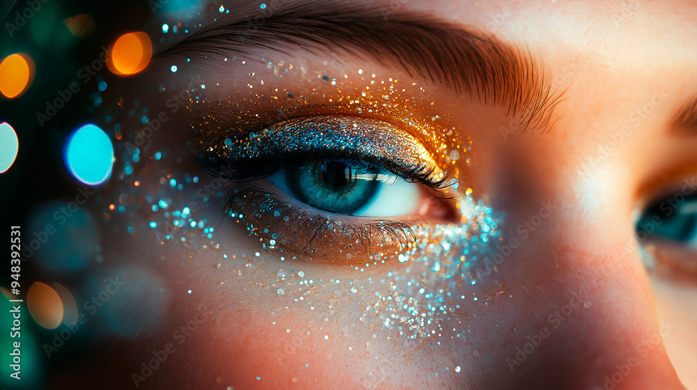 Close-up of Woman's Eye with Glitter Makeup and Blue Eyeshadow, Festive and Glamorous Holiday Beauty Look Close-up of Woman's Eye with Glitter Makeup and Blue Eyeshadow, Festive and Glamorous Holiday Beauty Look