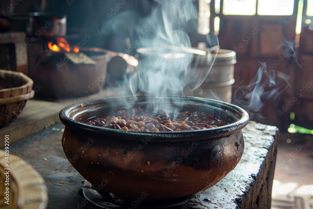 A steaming bowl of feijoada being served in a traditional Brazilian kitchen, with ample copy space.Feijoada.Brazilian cuisine.Traditional Brazilian stew. A steaming bowl of feijoada being served in a traditional Brazilian kitchen, with ample copy space.Feijoada.Brazilian cuisine.Traditional Brazilian stew.