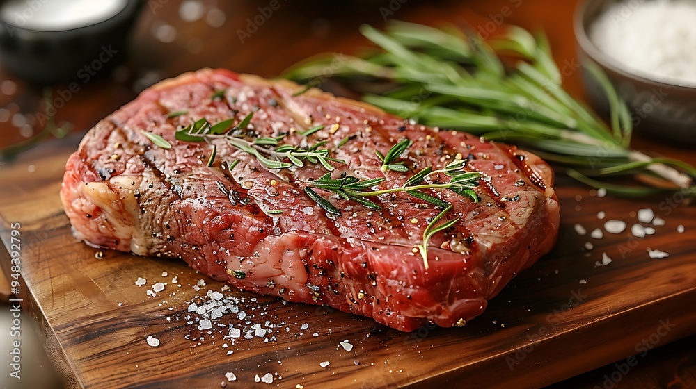 A raw ribeye steak on a wooden wooden board, garnished with fresh rosemary, thyme sprigs, and sea salt, warm golden hour light casting soft shadows, rich, warm tones, A raw ribeye steak on a wooden wooden board, garnished with fresh rosemary, thyme sprigs, and sea salt, warm golden hour light casting soft shadows, rich, warm tones,