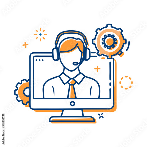 Remote IT Support Representative on Computer Screen, Tech Assistance Concept, Illustrated in Orange and Blue